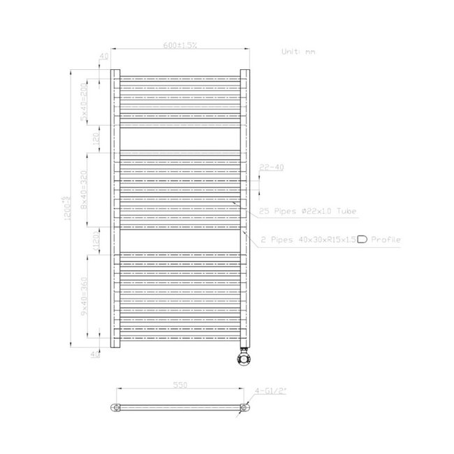  120x60 cm - Digiround elektrische handdoekradiator - Mat Zwart (Ral 9011)