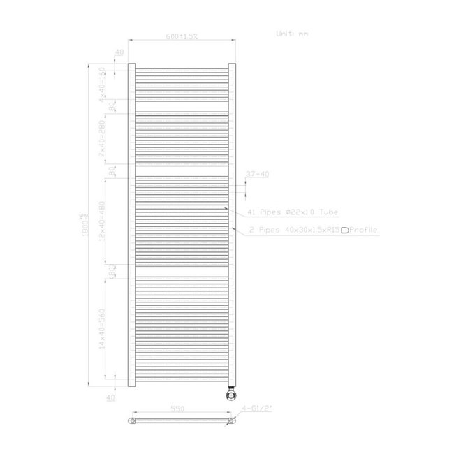  180x60 cm - Digiround elektrische handdoekradiator - Mat Zwart (Ral 9011)