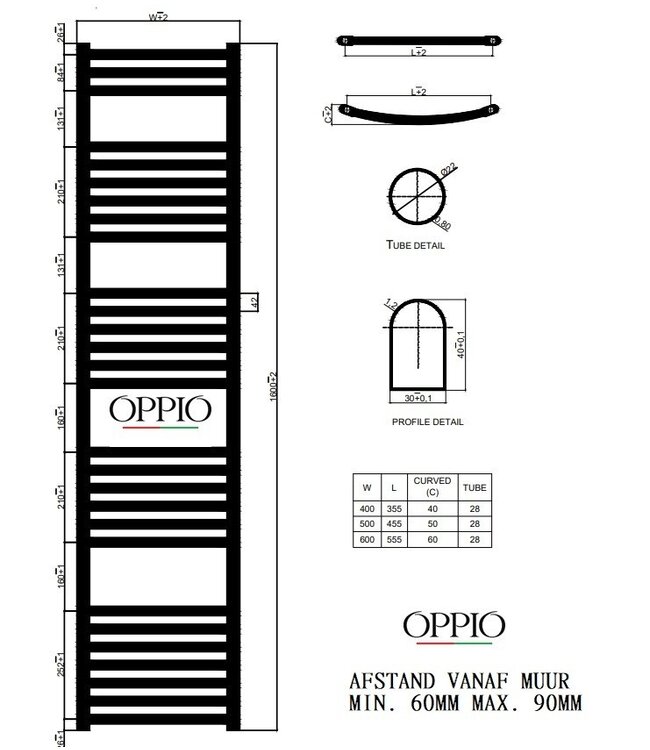  160x60 cm – Oppio ECO Digital WiFi elektrische handdoekradiator – Antraciet (RAL 7016)