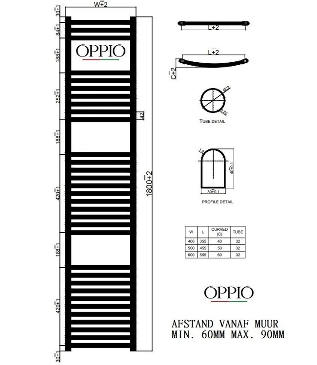  180x60 cm – Oppio ECO Digital WiFi elektrische handdoekradiator – Antraciet (RAL 7016)
