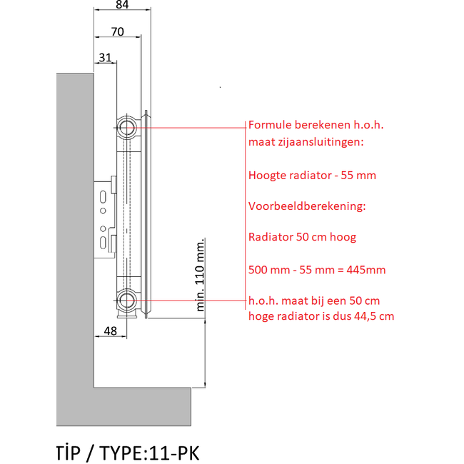  40x80 cm Type 11 - 670 Watt - ECA Paneelradiator Compact 8 geribbelde voorzijde - Wit (Ral 9016)