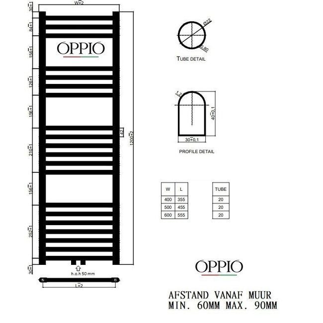  120x40 cm - Oppio ECO Digital Wit (Ral 9016) elektrische Handdoekradiator 550 Watt