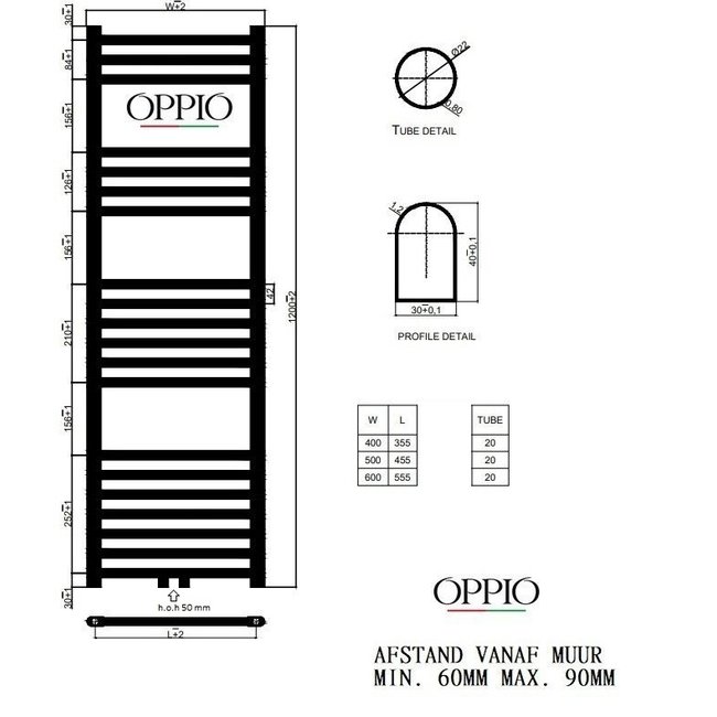  120x40 cm - Radiateur sèche-serviettes électrique Oppio ECO Digital White (Ral 9016) 550 watts