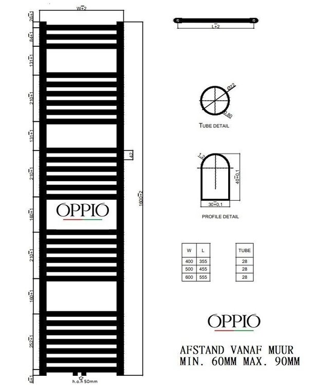  160x40 cm – Oppio ECO Digital WiFi elektrische handdoekradiator – Wit (RAL 9016)