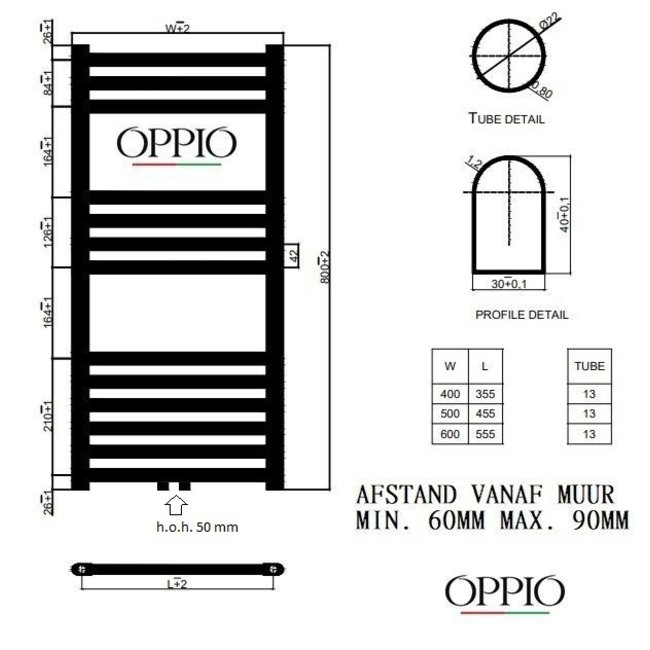  80x50 cm - Radiateur sèche-serviettes électrique Oppio ECO Digital White (Ral 9016)