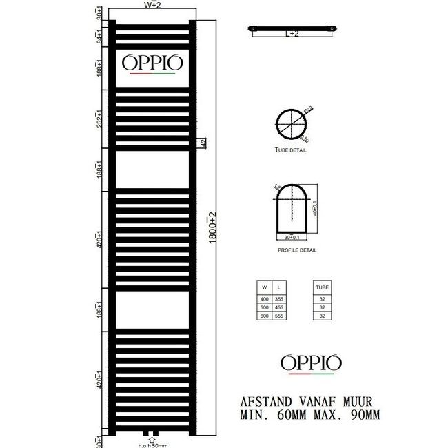  180x60 cm - Oppio ECO Digital Wit (Ral 9016) elektrische handdoekradiator