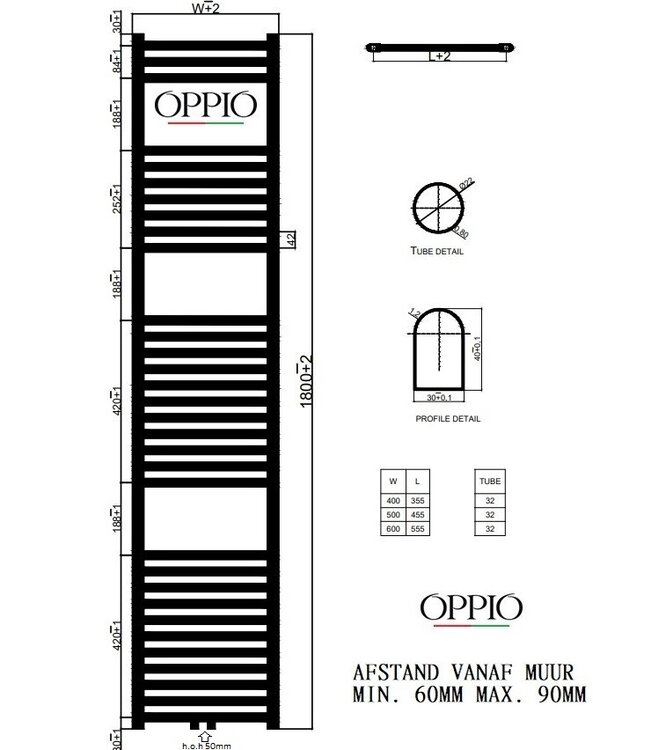  180x60 cm - Oppio ECO Digital WiFi Wit (Ral 9016) elektrische handdoekradiator