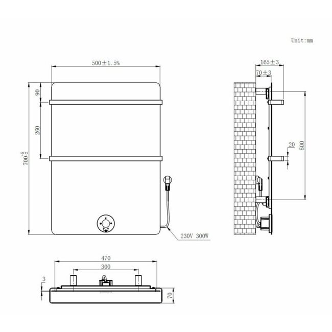  70x50 cm - E-panel elektrische radiator 300 Watt - Mat Wit (Ral 9016)