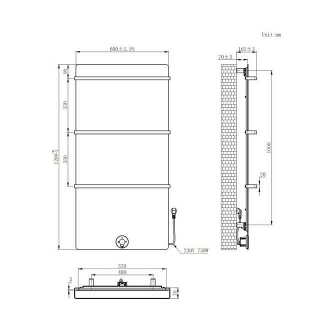  120x60 cm - Radiateur électrique E-panel 750 Watt - Blanc mat (Ral 9016)