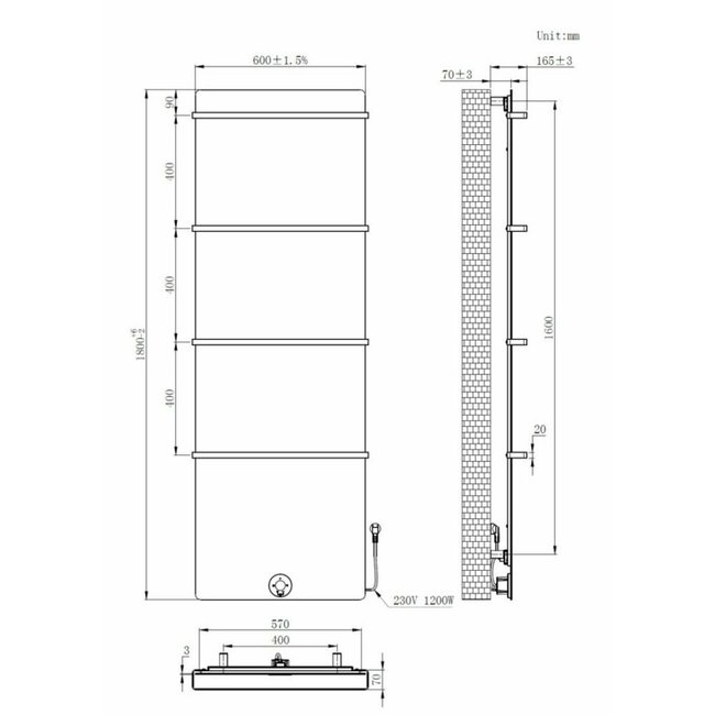  180x60 cm - E-panel elektrische radiator 1200 Watt - Mat Wit (Ral 9016)