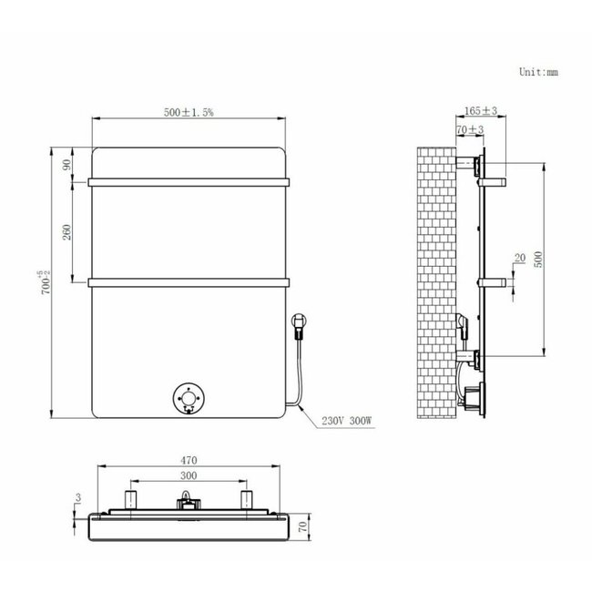  70x50 cm - Radiateur électrique E-panel 300 Watt - Noir mat