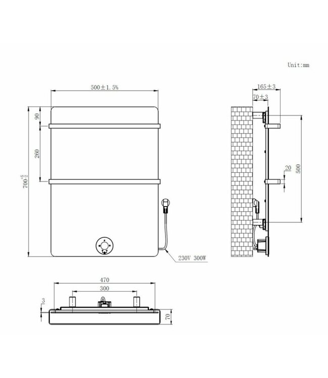  70x50 cm - Radiateur électrique E-panel 300 Watt - Noir mat