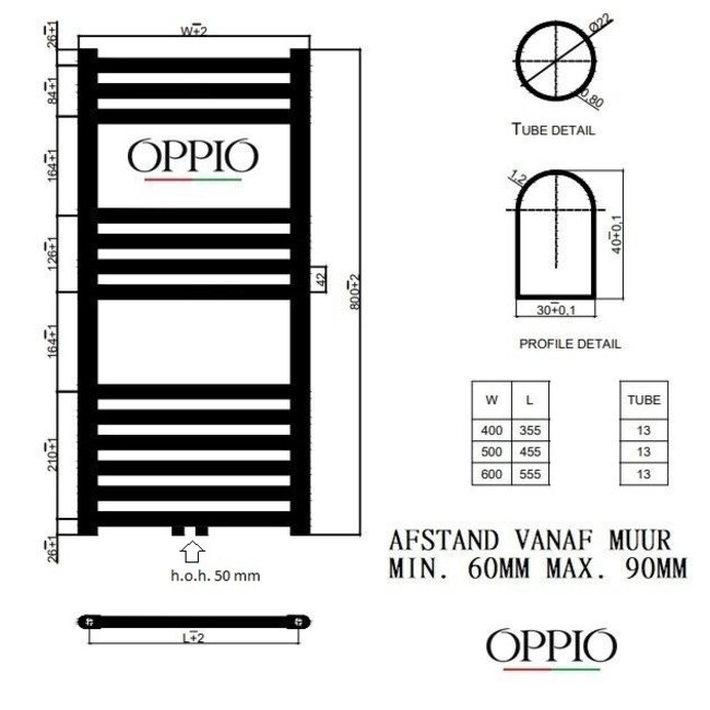  80x50 cm - Oppio Smart WiFi Wit (Ral 9016) elektrische handdoekradiator