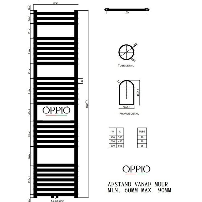  160x40 cm - Oppio Smart WiFi Mat Zwart elektrische handdoekradiator (Ral 9005)