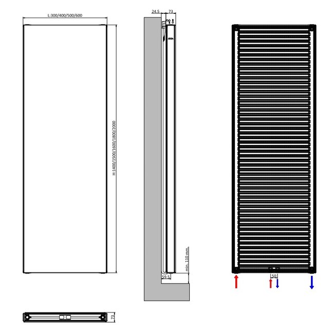  160x60 cm Type 20 Radiateur vertical à façade plate Noir