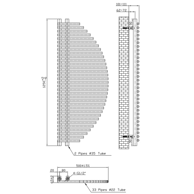  125x50 cm - 875 Watt - Oppio Harp Handdoekradiator - Zwart (RAL 9005)