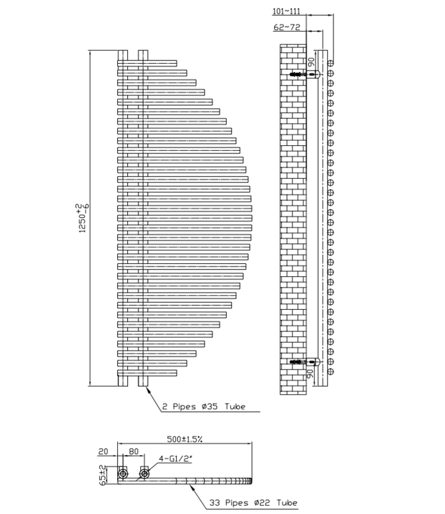  125x50 cm - 875 Watt - Oppio Harp Handdoekradiator - Zwart (RAL 9005)