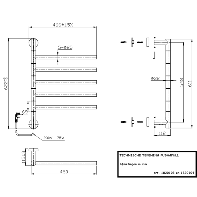  60x45 cm - Push & Pull elektrische handdoekradiator  Wit  (Ral 9016) - Dry Heating