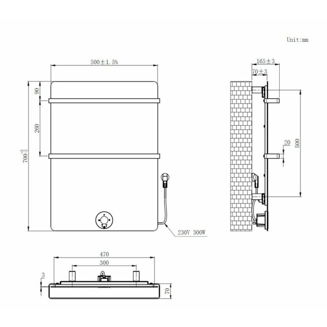  70x50 cm - E-panel elektrische radiator 300 Watt - Mat Antraciet / Beton-Grijs