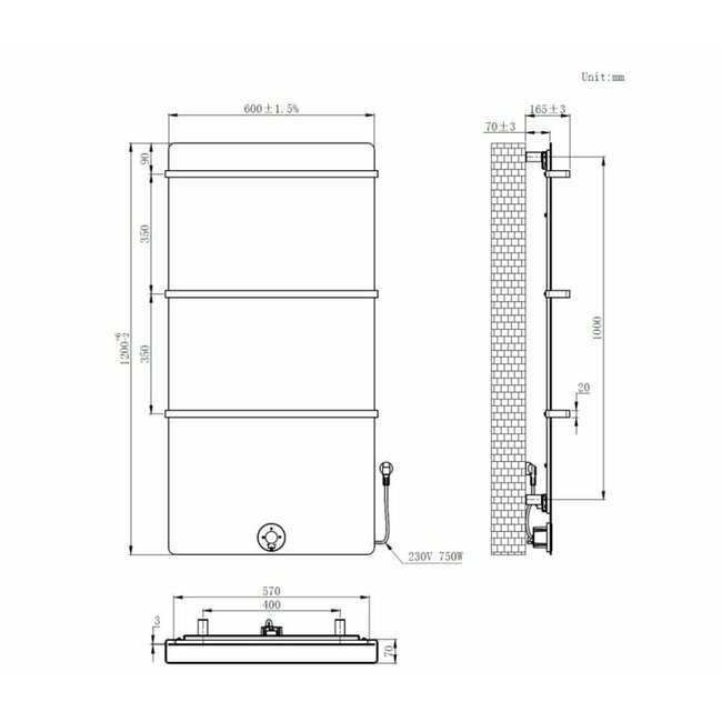  120x60 cm - E-panel elektrische radiator 750 Watt - Mat Antraciet / Beton-Grijs