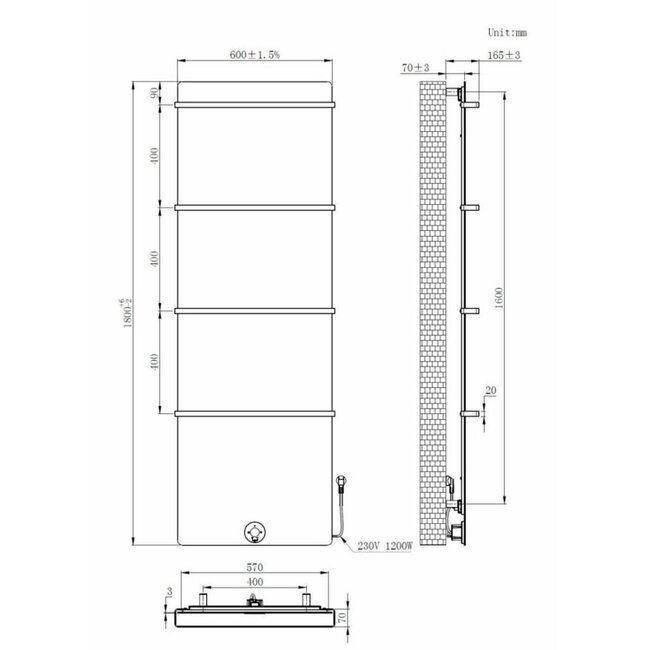  180x60 cm - E-panel elektrische radiator 1200 Watt - Beton-Grijs