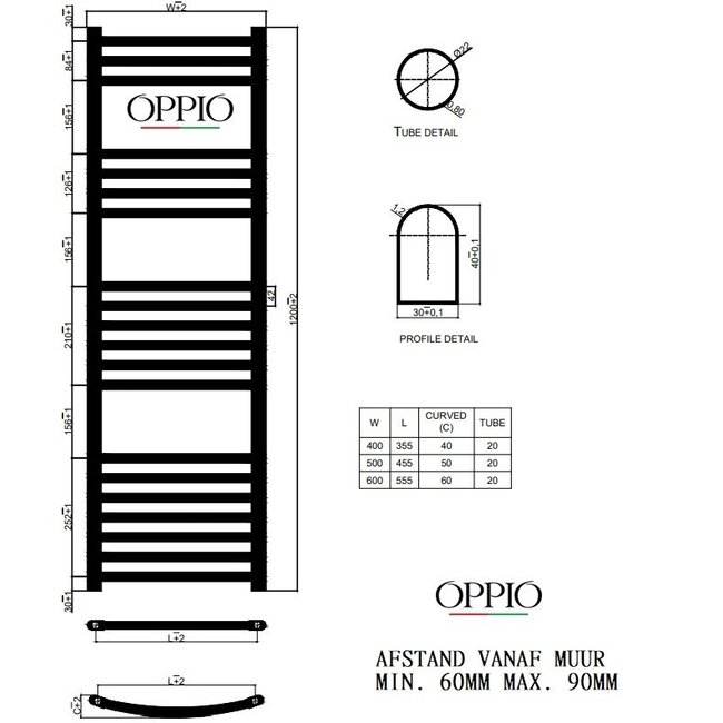  Outlet #1 - 120x40 cm - 550 Watt - Oppio Handdoekradiator - Wit (Ral 9016)