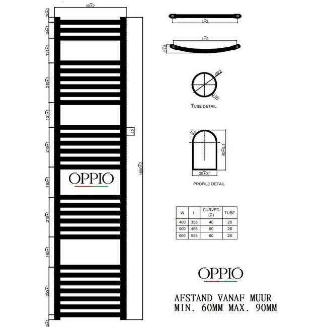  Outlet #5 - 160x40 cm - 740 Watt - Oppio Handdoekradiator - Mat Zwart (Ral 9005)