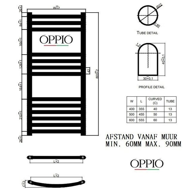  Outlet #7 - 80x50 cm - 464 Watt - Oppio Handdoekradiator - Wit (Ral 9016)