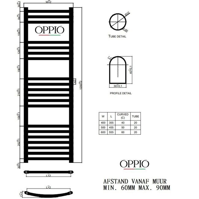  Outlet #11 - 120x50 cm - 673 Watt - Oppio Handdoekradiator - Mat Zwart (Ral 9005)