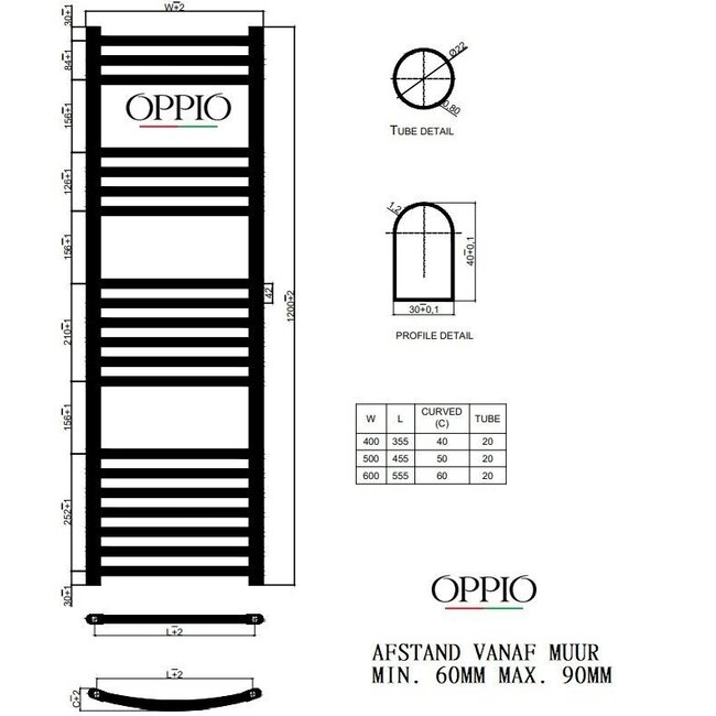  Sortie #11 - 120x50 cm - 673 watts - Radiateur sèche-serviettes Oppio - Noir mat (Ral 9005)