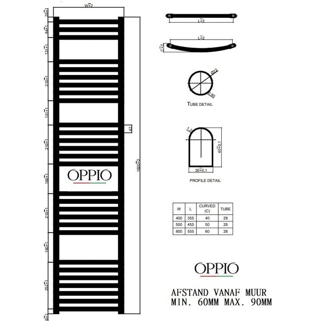  Outlet #17 - 160x60 cm - 1072 Watt - Oppio Handdoekradiator - Wit (Ral 9016)