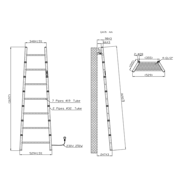  170x53 cm - E-Ladder elektrische radiator 250 Watt - Mat Zwart