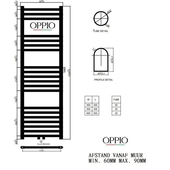  120x40 cm - Radiateur sèche-serviettes électrique Oppio Future Blanc (Ral 9016) 550 Watt