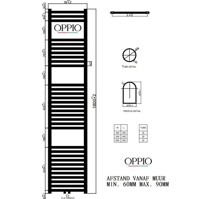  180x60 cm - Oppio Future Zwart (Ral 9005) elektrische Handdoekradiator 1214 Watt