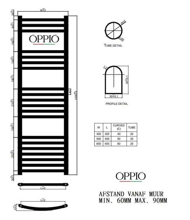  120x50 cm - Radiateur sèche-serviettes électrique Oppio Future Anthracite (Ral 7016) 673 Watt