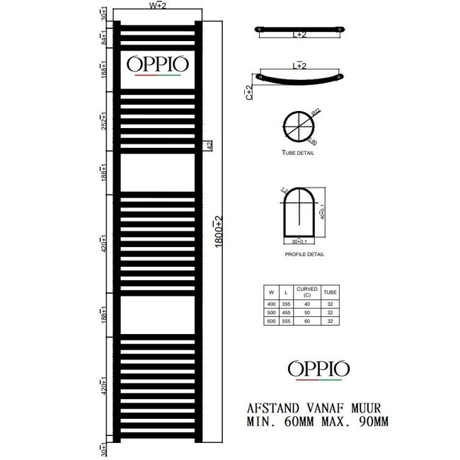  180x50 cm - Oppio Future Antraciet (Ral 7016) elektrische Handdoekradiator 1125 Watt