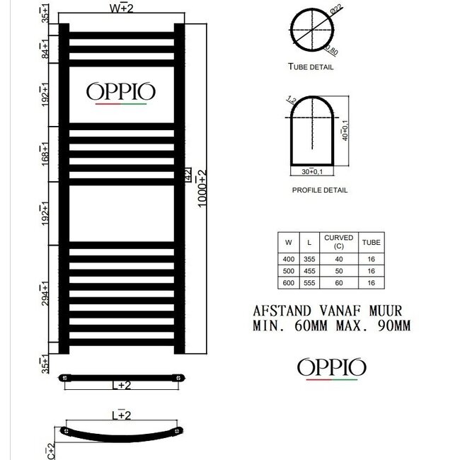  100x60 cm - Oppio Future Antraciet (Ral 7016) elektrische Handdoekradiator 667 Watt