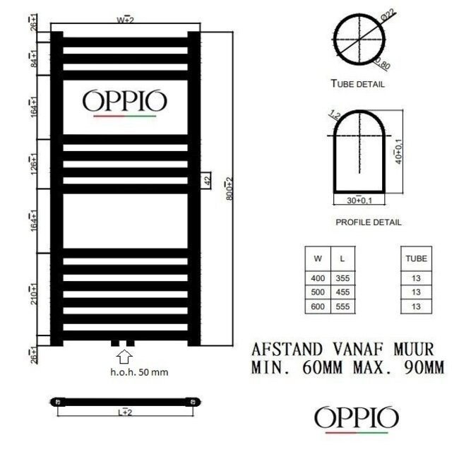  80x50 cm - Oppio E-Basis Wit (Ral 9016) elektrische Handdoekradiator 464 Watt