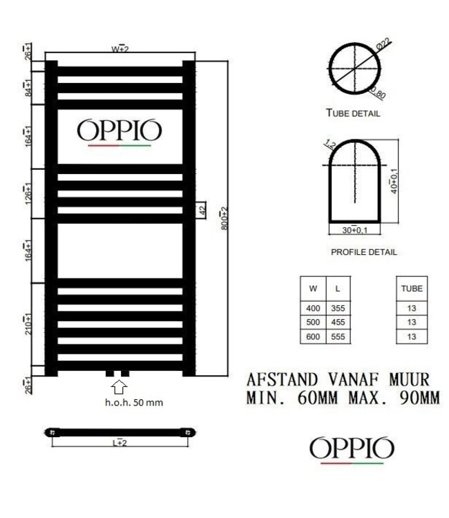  80x50 cm - Oppio E-Basis Mat Zwart (Ral 9005) elektrische Handdoekradiator 464 Watt