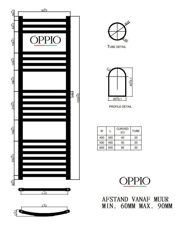  120x50 cm - Oppio E-Basis Mat Antraciet (Ral 7016) elektrische Handdoekradiator 673 Watt