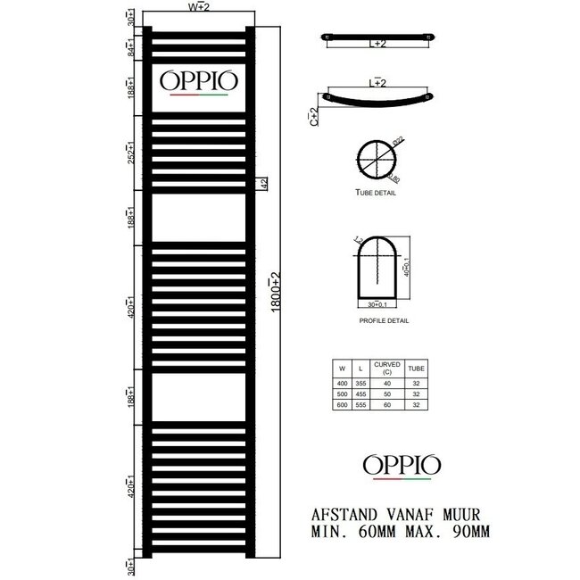  180x50 cm - Oppio E-Basis Mat Antraciet (Ral 7016) elektrische Handdoekradiator 1125 Watt