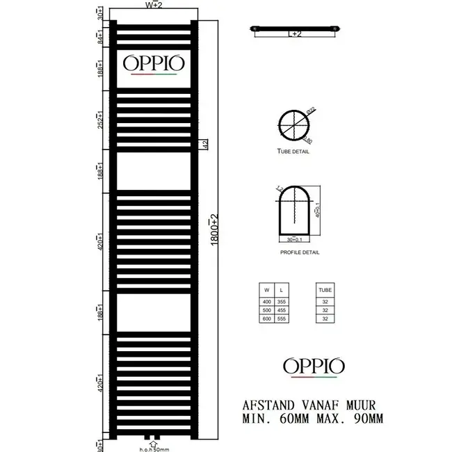  180x40 cm - Oppio E-Basis Wit (Ral 9016) elektrische Handdoekradiator 891 Watt