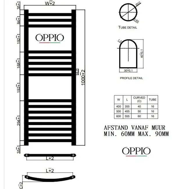  100x50 cm - Oppio E-Basis Wit (Ral 9016) elektrische Handdoekradiator 569 Watt