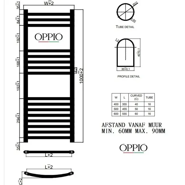  100x60 cm - Oppio E-Basis Wit (Ral 9016) elektrische Handdoekradiator 671 Watt