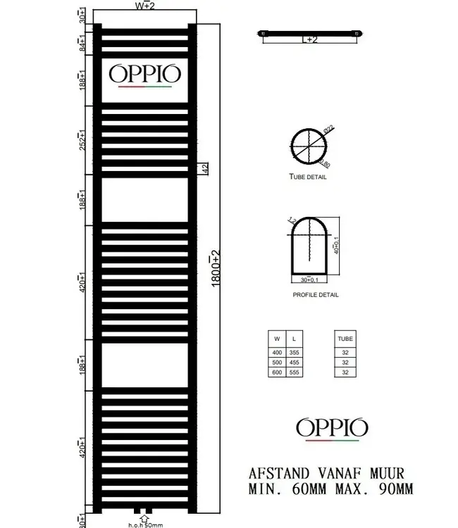  180x50 cm -  Oppio ECO Digital WiFi Blanc (Ral 9016) radiateur sèche-serviettes électrique