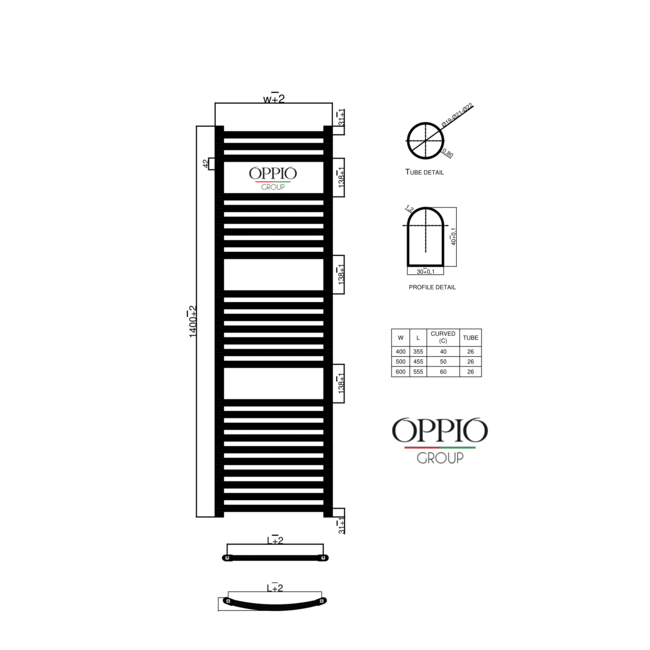  140x40 cm - 632 Watt - Oppio Handdoekradiator - Wit (Ral 9016)