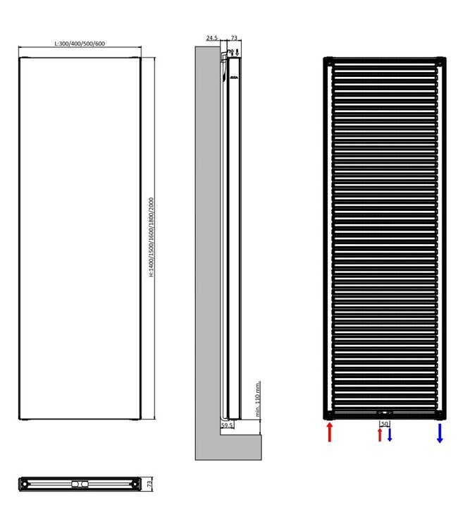  Outlet #69 - 160x40 cm Type 20 - 1300 Watt - Oppio Verticale radiator vlakke voorzijde - Mat Zwart (Ral 9005)