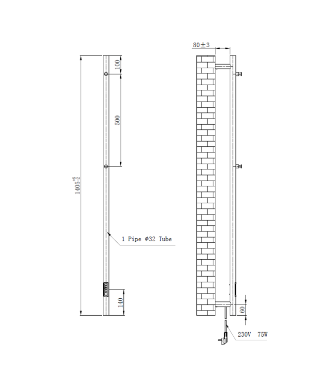  Sèche-serviettes électrique à tige E-Stick - Noir mat (Ral 9005) - 75 Watt