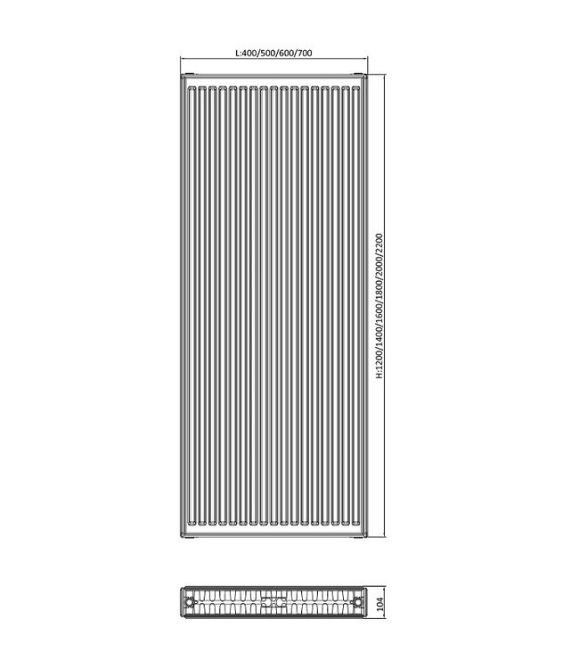  200x40 cm Type 22 - 2493 Watts - Radiateur vertical hybride ECA - Surface plane avant - Blanc (RAL 9016)