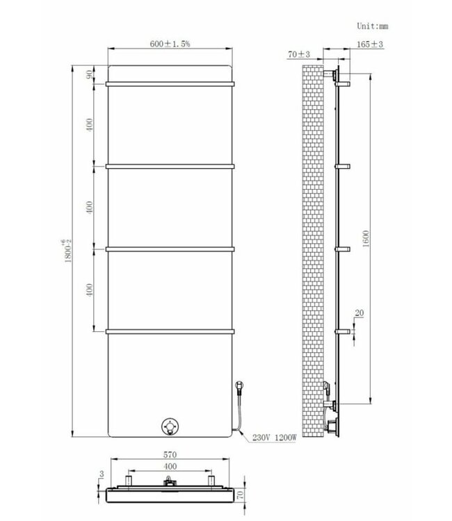  Outlet #155 -180x60 cm - E-panel elektrische radiator 1200 Watt - Mat Zwart
